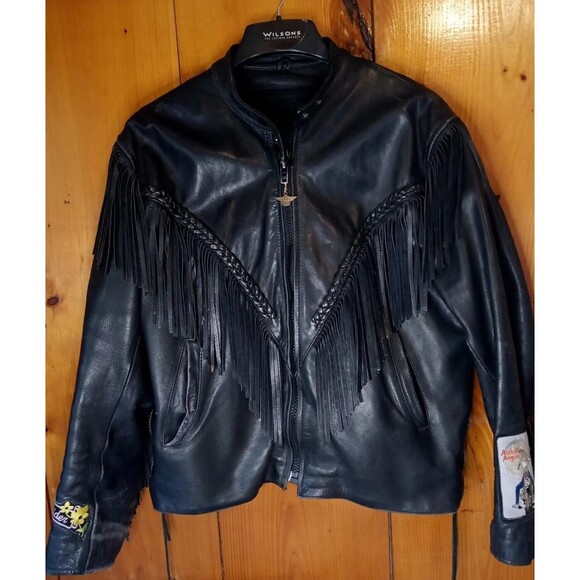 FIRST GENUINE BLACK LEATHER MOTORCYCLE JACKET FRINGE Zip Out Liner HD Patches M